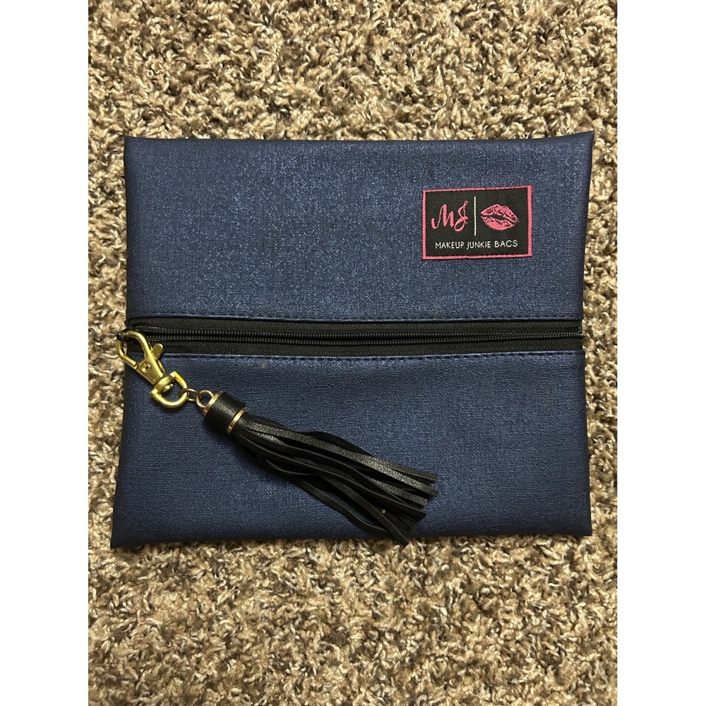 Makeup Junkie Bags Navy Blue Shimmer Cosmetic Pouch Tassel Zipper Small Travel